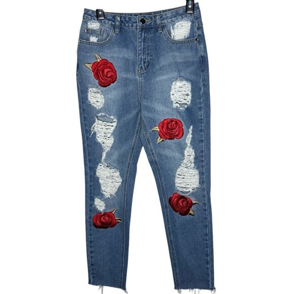Misguided Blue Riot Embroidered Red Rose Distressed Mom Woman’s Jeans Sz 10 - Picture 12 of 12